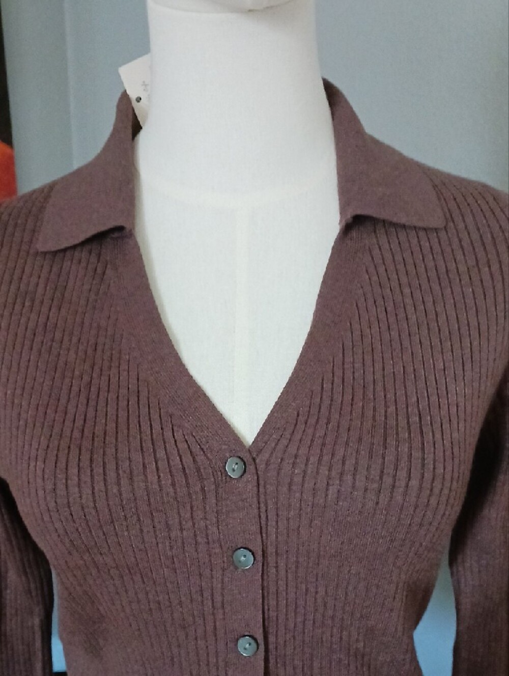 a new day- Brown Ribbed Button-Front Collared Cardigan - Picture 3 of 10